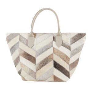 Patchwork Design Hair on hide Leather Suede Tote Handbag bag gray cream shades